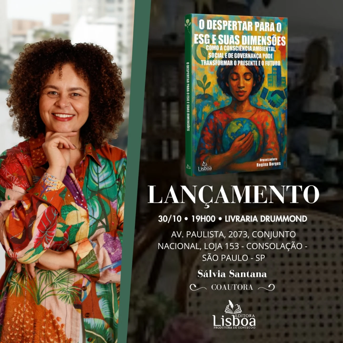 Sálvia Santana na divulgação de sua coautoria no livro O Despertar para o ESG e suas Dimensões