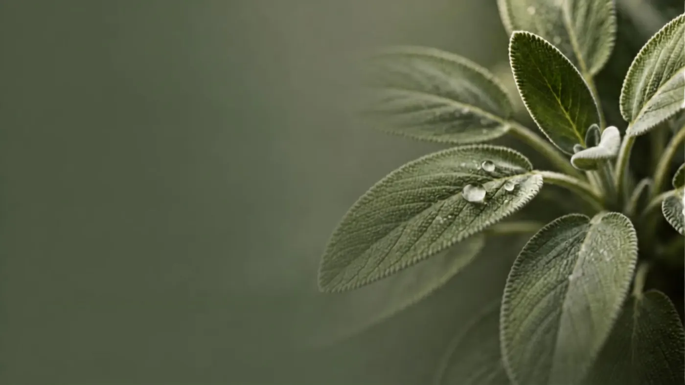 Folhas de sálvia com nervuras e gotas de água